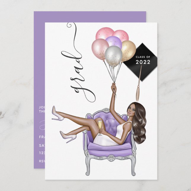 Convites Graduação de Garota Americana Negra e Roxa (Frente/Verso)