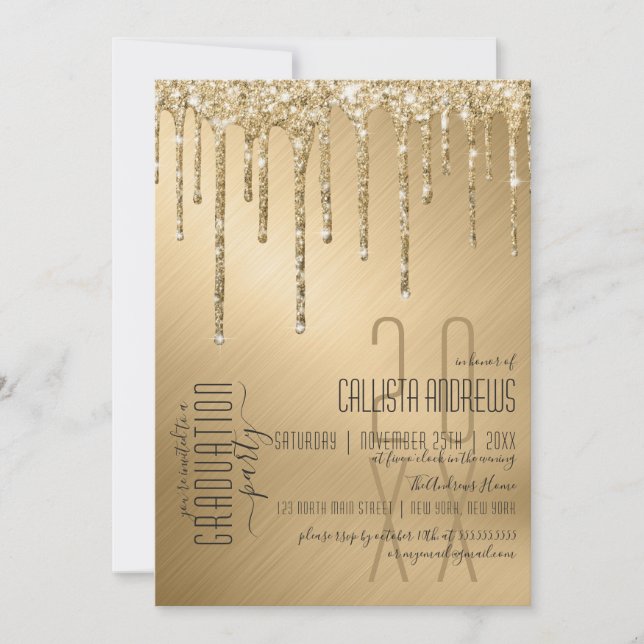 Convites Graduação De Glitter Dourado De Luxo Com Glitter (Frente)