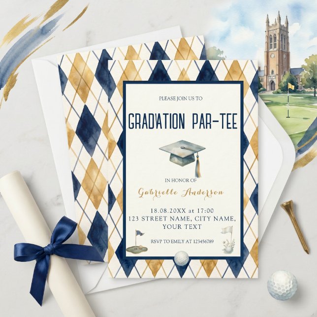 Convites Graduação de Golfe Par-Tee Verde Argyle Aquarela (Criador carregado)