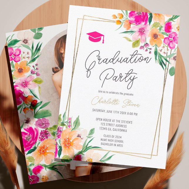 Convites Graduação de guiamento em ouro-chic verde-rosa (Pink floral green chic gold script graduation invitation)