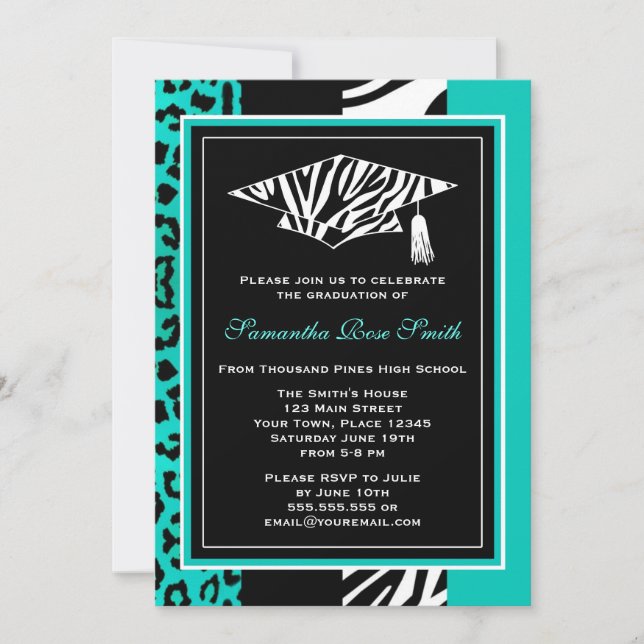Convites Graduação de Impressão de Azul-Teal Zebra e Leopar (Frente)