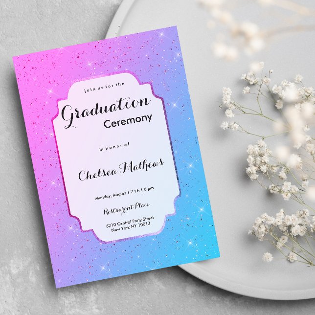 Convites Graduação de luxo com lágrima de lágrima rosa eleg (Elegant pink teal ombre glitter luxury Graduation )
