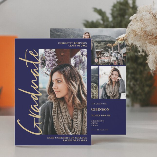 Convites Graduação de marinho em ouro de script (Script navy gold graduate photo graduation Invitation)