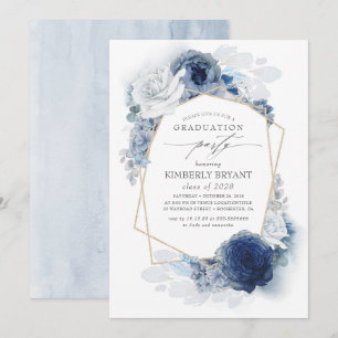 Convites Graduação de Ombre Floral Azul poeirento e Marinho