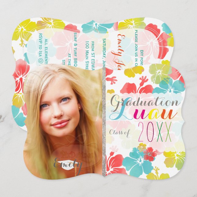 Convites Graduação de PixDezines Hibiscus Luau (Frente/Verso)