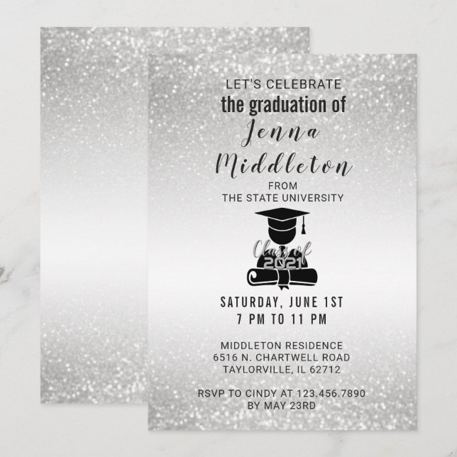 Convites Graduação de prata do brilho (Frente/Verso)