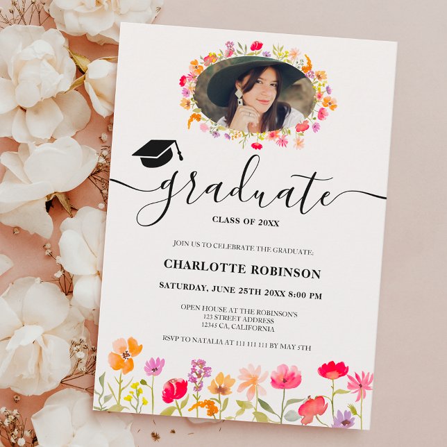 Convites Graduação de primavera floral de flores silvestres (Boho wildflowers spring floral photo graduation invitation)