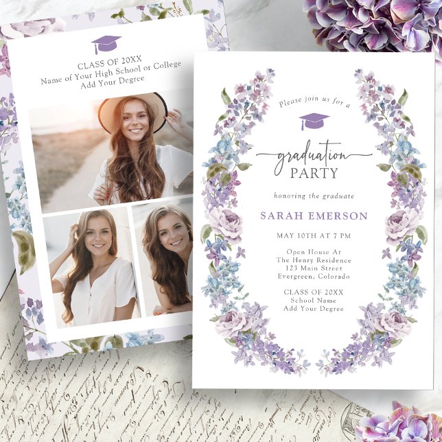 Convites Graduação de primavera Wildflower (Spring Wildflower Graduation Invitation Pictures on back by Painted Paperie
)