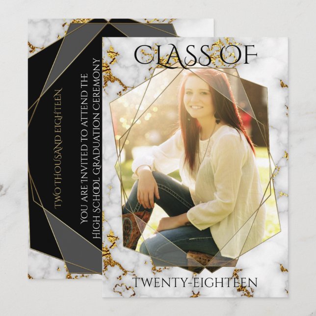 Convites Graduação de Quadro de FOTO Dourada Geométrica Dou (Frente/Verso)