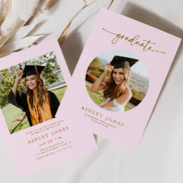 Convites Graduação de Rapariga de Foto Rosa e Dourada Moder