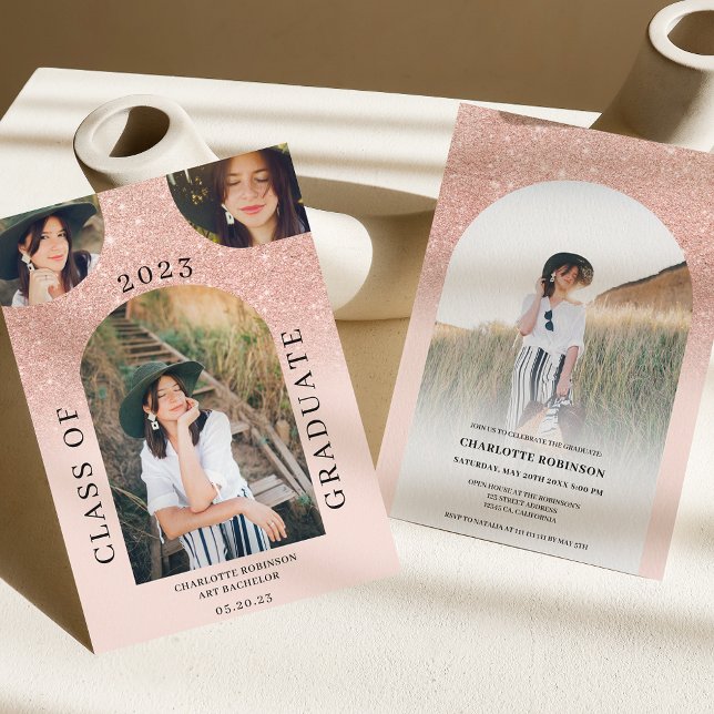 Convites Graduação de rosa dourado com arco de barro modern (Criador carregado)