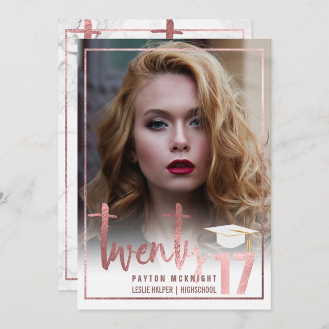 Convites Graduação de Rosa Dourado/Marble PixDezines (Frente/Verso)