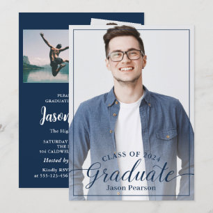 Convites Graduação de Script Azul com Marinho de Foto Mod