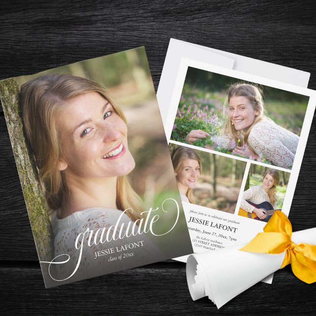 Convites Graduação de Script de Caligrafia Elegante 4 (Elegant 4 custom photo script callligraphy college graduation invitation )