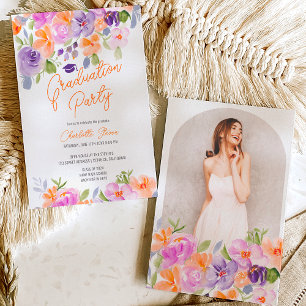 Convites Graduação de script floral de laranja roxo bonito