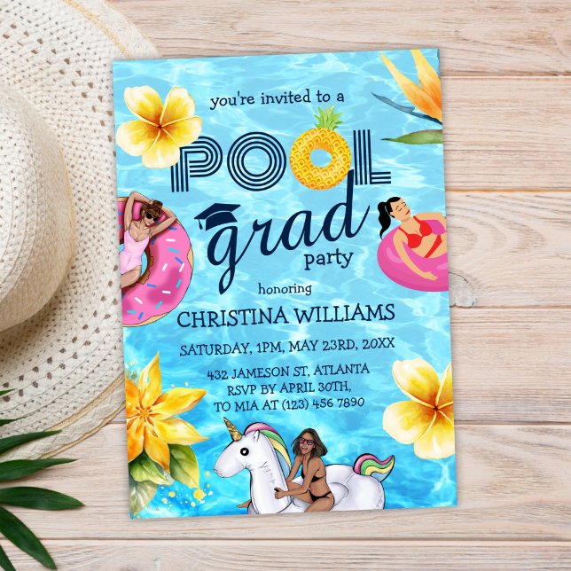 Convites Graduação de Segundo grau de Partido de Formando d (Trendy Pool Grad Party High School Graduation Invitation)