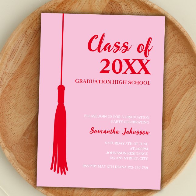 Convites Graduação de Tassel Formando 2025, Vermelho e Rosa (graduation party invitation class of 2024 feminine minimalist bold red and pink grad tassel)