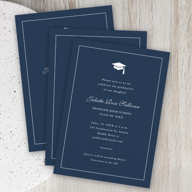 Convites Graduação de Tipografia Simples (Elegant navy blue simple type graduation party invitation.)