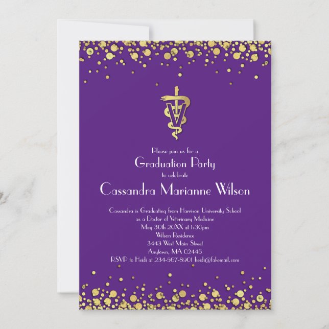 Convites Graduação de Veterinário Roxo Dourado (Frente)