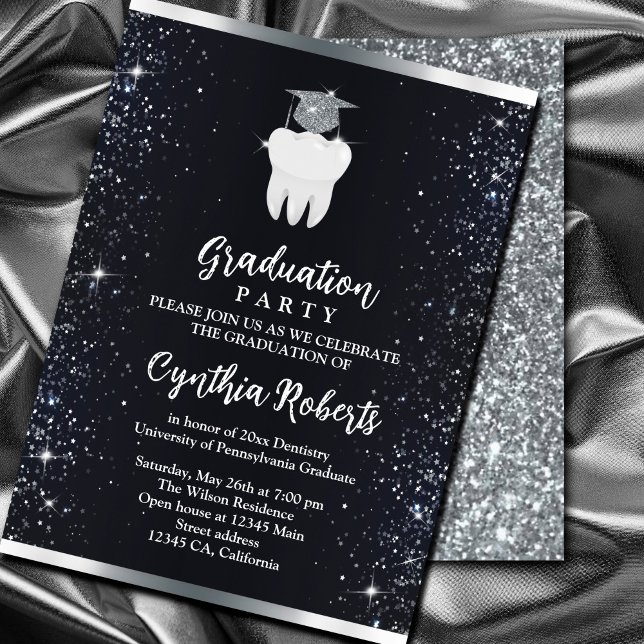 Convites Graduação dentária Elegante Black Silver Sparkle (Elegant Black Silver Sparkle Dental Graduation Invitation. A chic black background, #silver)