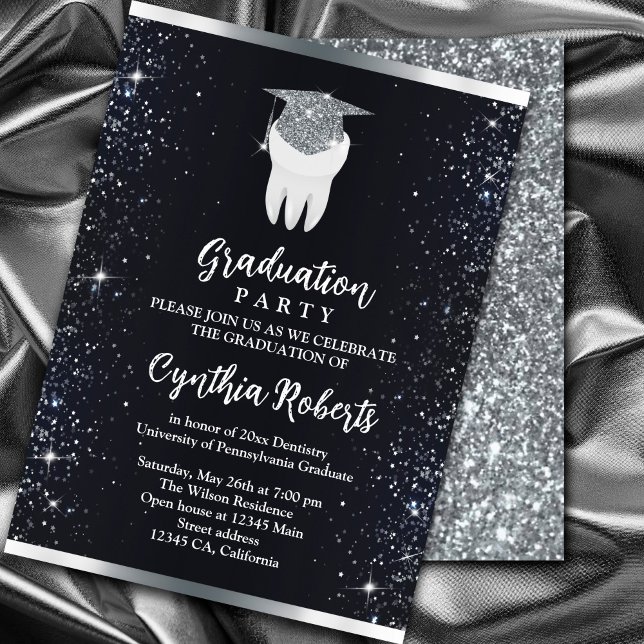 Convites Graduação dentária Elegante Black Silver Sparkle (Elegant Black Silver Sparkle Dental Graduation Invitation. #graduationparty #zazzlemade #orthodontia)
