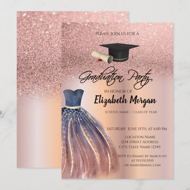Convites Graduação do Boné de Formando de vestimenta Glitte (Frente/Verso)