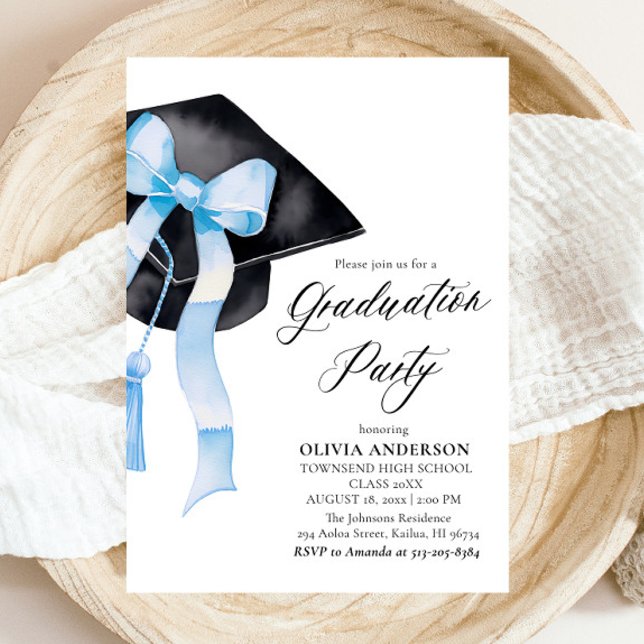 Convites Graduação do Boné de formatura Azul Elegante moder (Watercolor Modern Elegant Trendy Stylish Blue Bow Graduation Invitation)