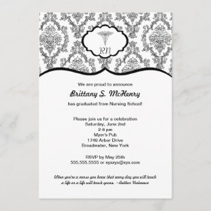 Convites Graduação do enfermeiro Black Damask Clássico R