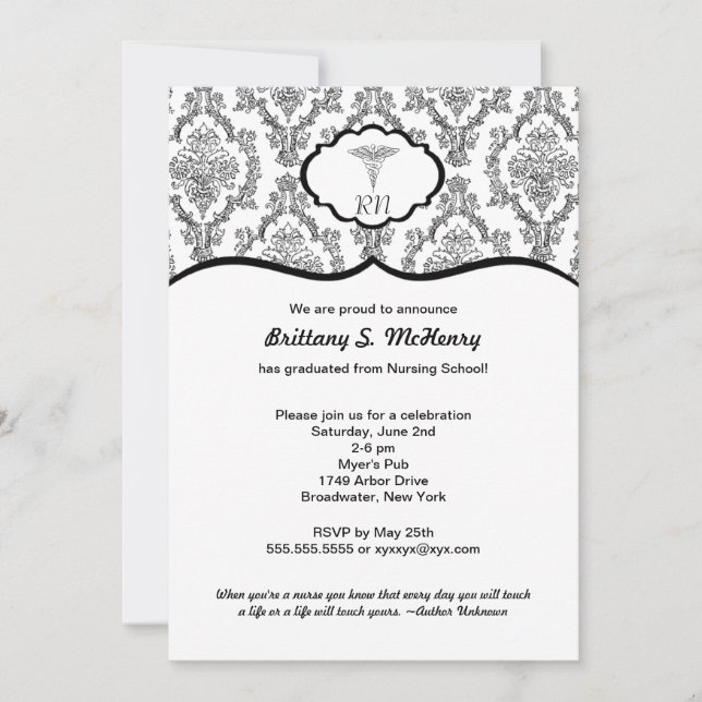 Convites Graduação do enfermeiro Black Damask Clássico RN B (Frente)