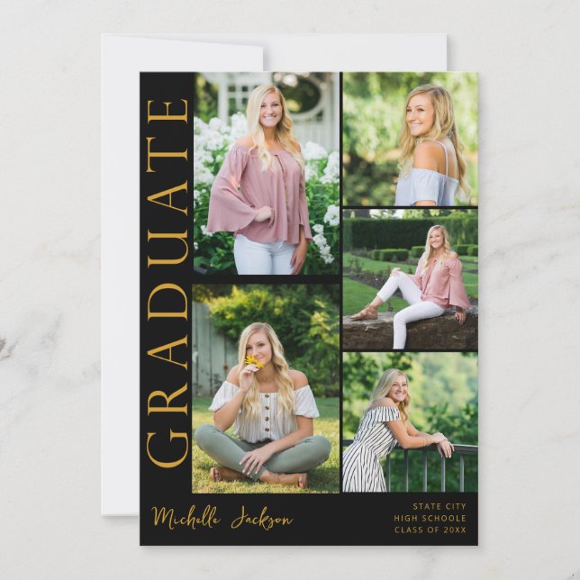 Convites Graduação do lado da foto moderno 5 - Preto (Frente)