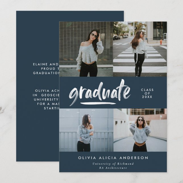 Convites Graduação do na moda azul do marinho moderno 4 (Frente/Verso)