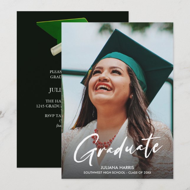 Convites Graduação do Partido do Boné Verde do Script Moder (Frente/Verso)