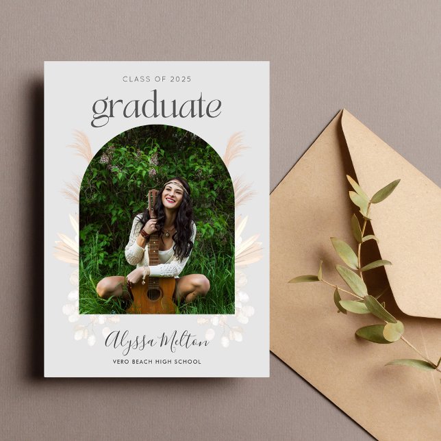 Convites Graduação do Segundo grau de Foto Boho Pampas Gras (Boho Pampas Grass Photo High School Graduation Invitation)