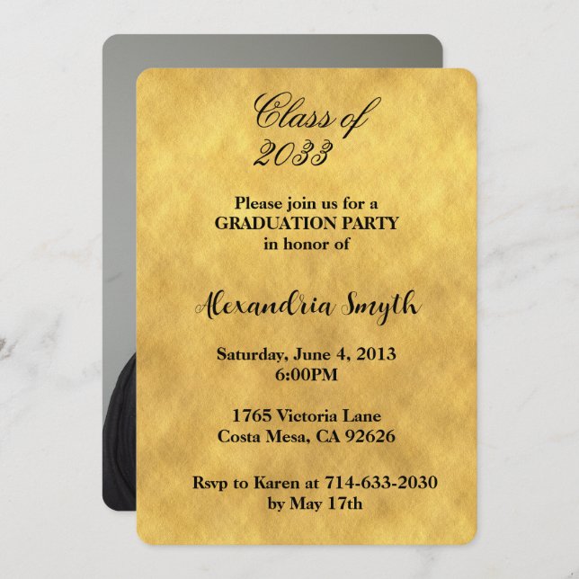 Convites Graduação Dourada Amarela Chic Sua Foto (Frente/Verso)