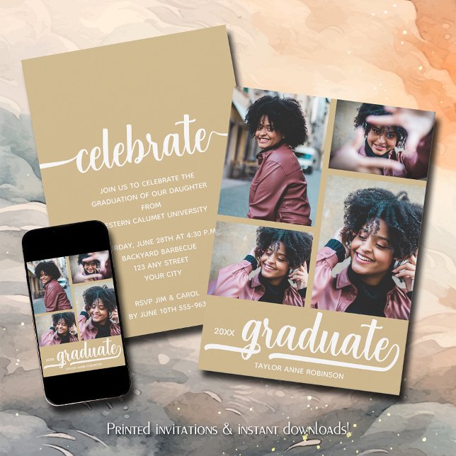 Convites Graduação Dourada de Colagem de Fotos Moderna 4 (Modern 4 photo collage gold graduation party invitations)