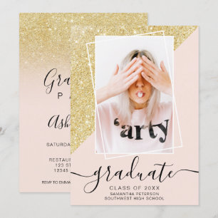 Convites Graduação Dourada de fotos cor-de-rosa com brilho