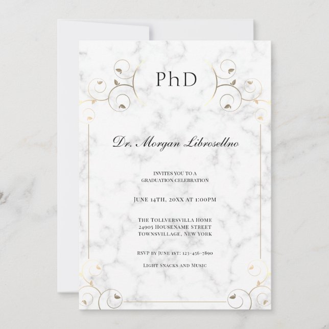 Convites Graduação Dourada de PhD no Marble Branco Elegante (Frente)