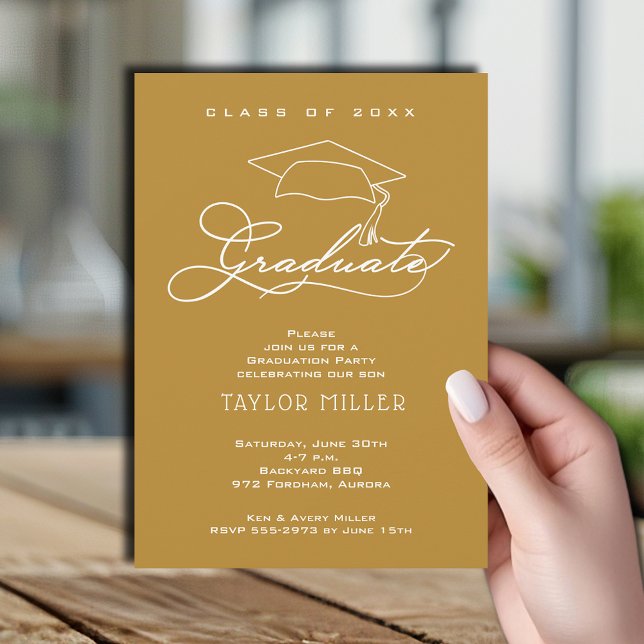 Convites Graduação Dourada de Script Branco Elegante (Elegant white script and grad hat gold graduation party invitations)