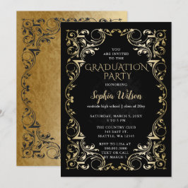 Convites Graduação Dourada Elegante Vintage Black