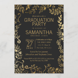 Convites Graduação Dourada Floral Elegante Preto e Amarelo