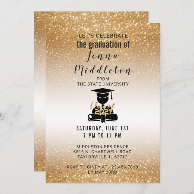 Convites Graduação Dourado do brilho (Frente/Verso)