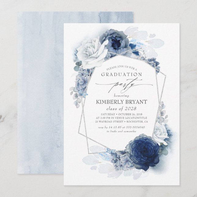 Convites Graduação Dusty e Marinho Blue Floral Silver Glitz (Frente/Verso)