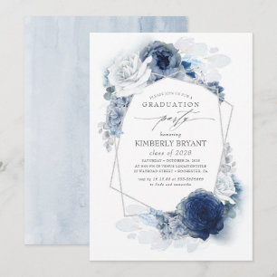 Convites Graduação Dusty e Marinho Blue Floral Silver Glitz
