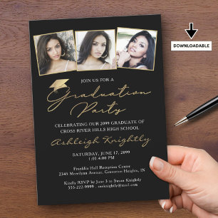 Convites Graduação Elegante 3 Fotos Boné de Script Dourado