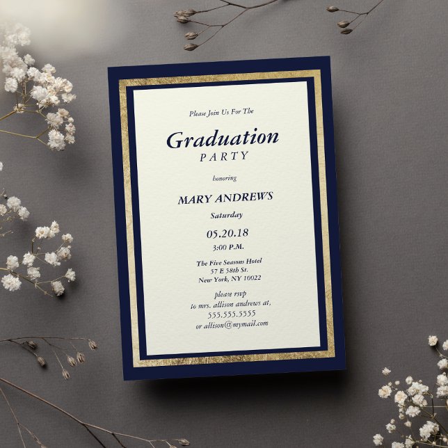 Convites Graduação elegante de ouro azul marinho de marfim (Elegant modern ivory navy blue gold Graduation)