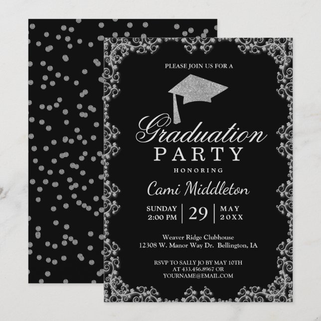Convites Graduação Elegante de Preto e Prata (Frente/Verso)
