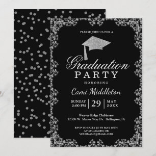 Convites Graduação Elegante de Preto e Prata