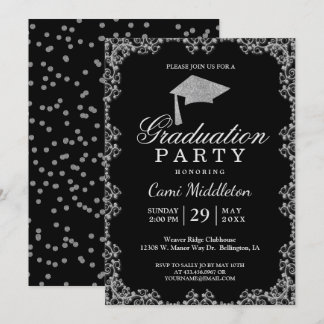 Convites Graduação Elegante de Preto e Prata