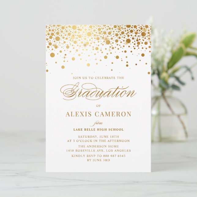 Convites Graduação Elegante Faux Gold Foil Confetti (Em pé/Frente)
