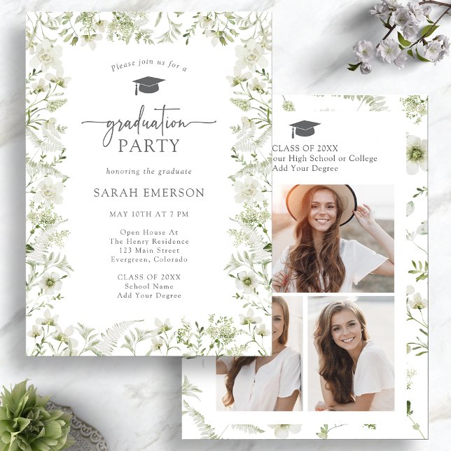 Convites Graduação Elegante Greenery (Watercolor Greenery Elegant Graduation Invitation Photo Collage by Painted Paperie
)